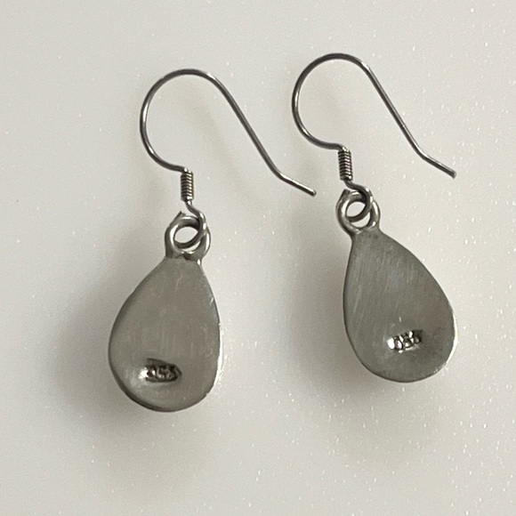 Vintage 950 Fine Sterling Silver Red Simulated Opal Teardrop Fishhook Earrings - Picture 8 of 14
